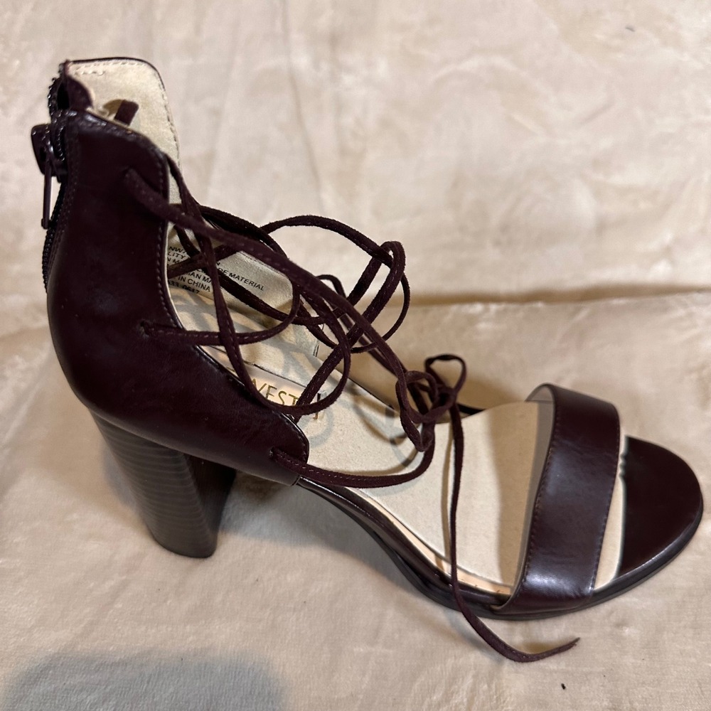 Nine West Burgundy Lace Up Heeled Sandals Dressy Open Toe Heels